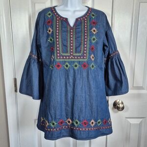 A&A denim bell sleeve boho top with embroidery women's large